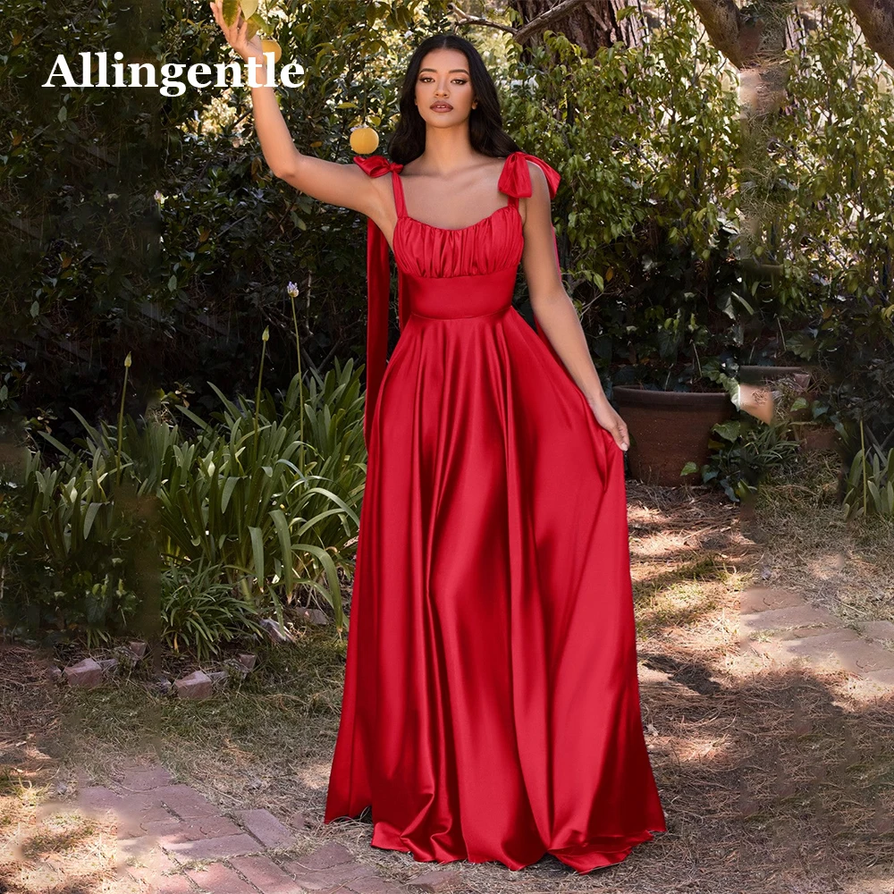 Allingentle Sleeveless A-Line Evening Gown for Party 2024 Bow Straps Formal Prom Dress Backless Pleated Satin Vestidos De Fiesta