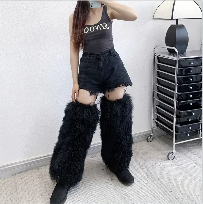 Women Real Mongolian Fur Leg Warmers Women Fall Leggings Jk Boots  Girls Lolita Punk Boot Cover Harajuku Fur Foot Warming Cover