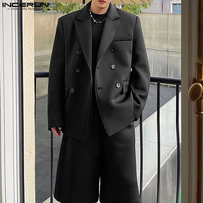 INCERUN 2024 Korean Style Fashion Men Sets Solid Long Sleeved Suit Coats Shorts Handsome Male Streetwear Hot Sale Two-piece Sets