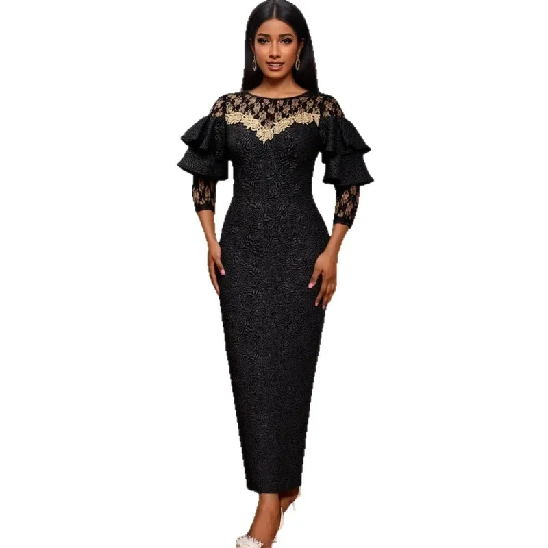 

Dashiki African Party Evening Dresses for Women Autumn Elegant Black Long Sleeve Lace Bodycon Long Maxi Dress Africa Clothing