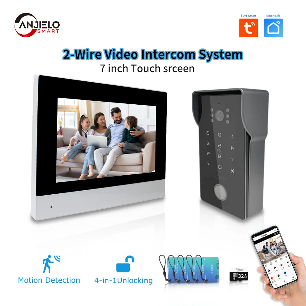 Tuya Smart Home IP 2-wired Doorbell Video Intercom System with Password IC Card Unlock 1080P 7inch Touch Monitor doorbell camera