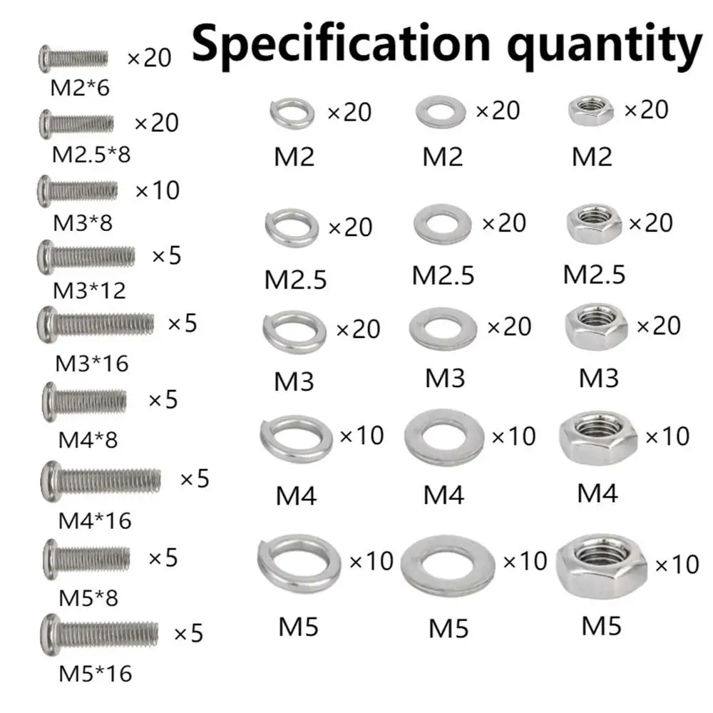 320 stks/doos Rvs Moeren Bouten Assortiment Kit Kruisvormige Ronde Kop Zilver Metic Moer en Bout Assortiment