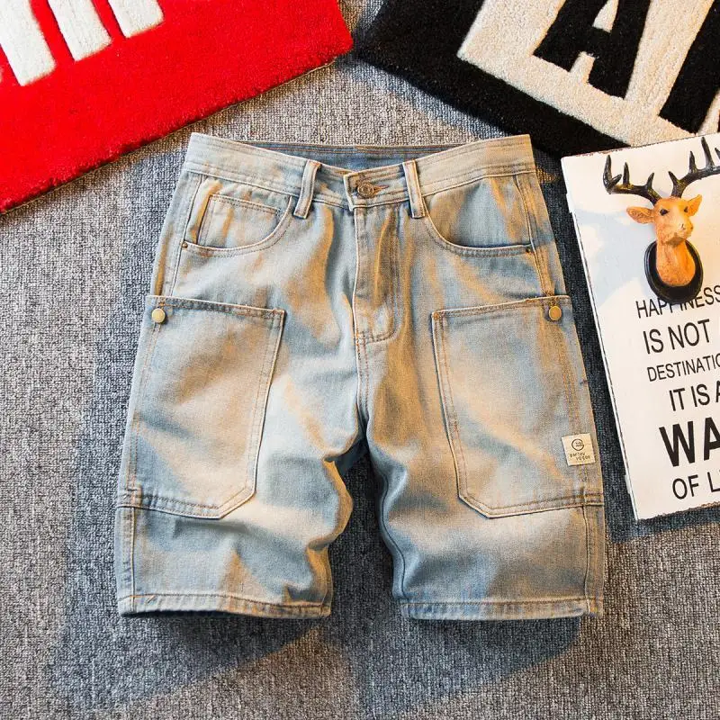 

Cargo With Pockets Loose Man Denim Shorts Half Short Jeans Pants for Men Original Summer Designer Retro Blue New In Cowboy Sale