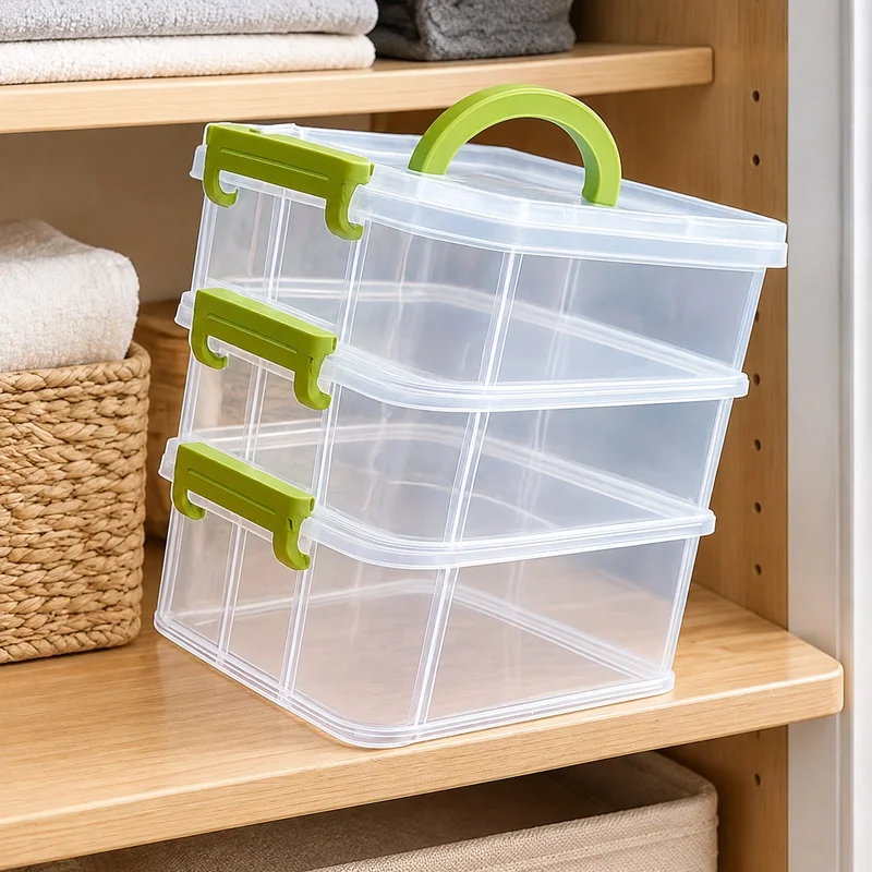 Transparent Portable Storage Box with Four Sections, Multi-Tier Drawer for Small Parts and Building Toys