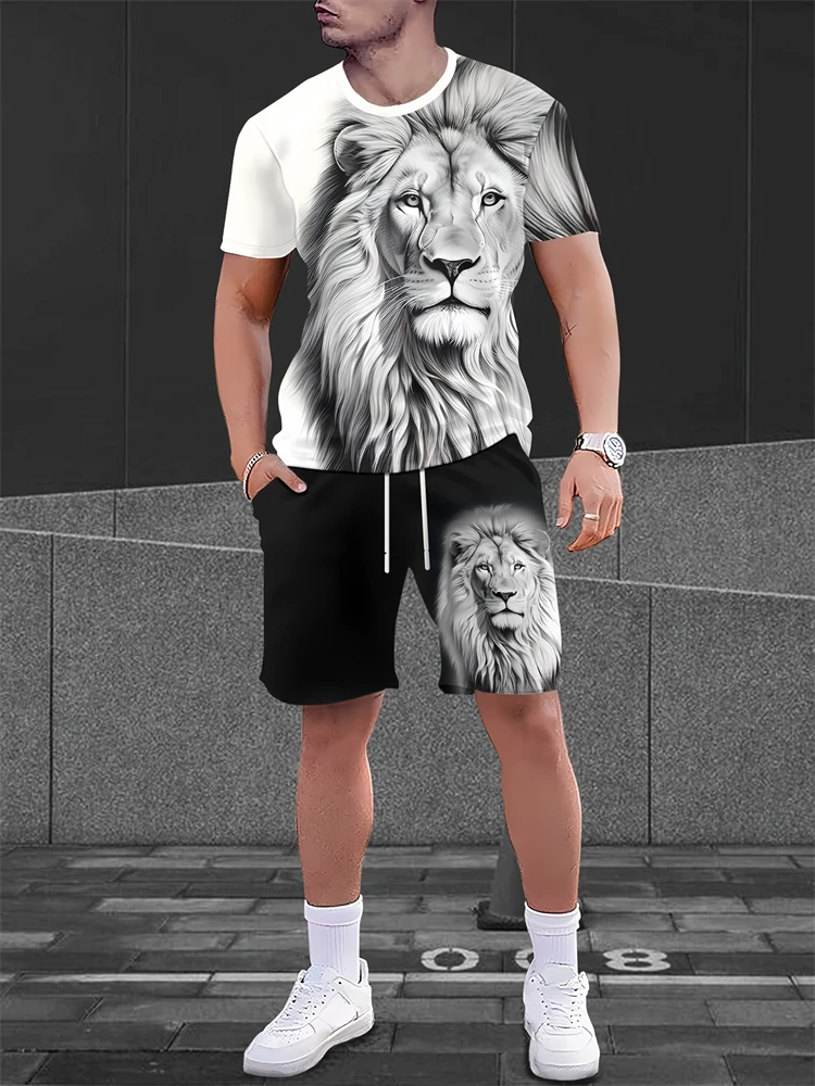 2025 new men's summer short sleeved T-shirt set with animal eagle print personalized shorts casual outdoor set
