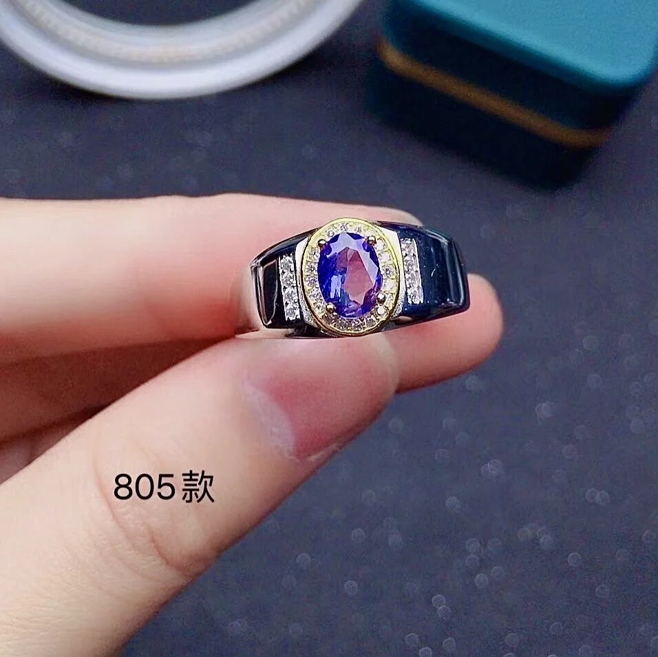 Fashion 925 Silver Man Ring for Party 0.7ct 5mm*7mm VVS Grade Natural Tanzanite Ring for Man Real Silver Tanzaite Jewelry