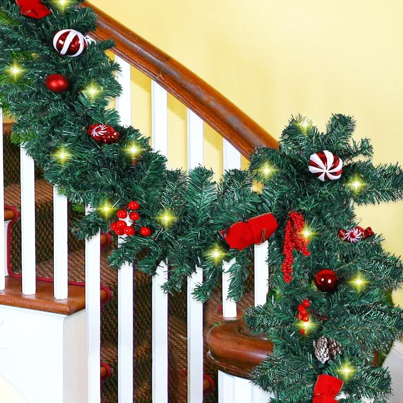 2-Pack 9-Foot LED Christmas Garland with Pine Cones, Red Berries, Bows, with 50 Warm White LED Lights, 180 Branch Tips