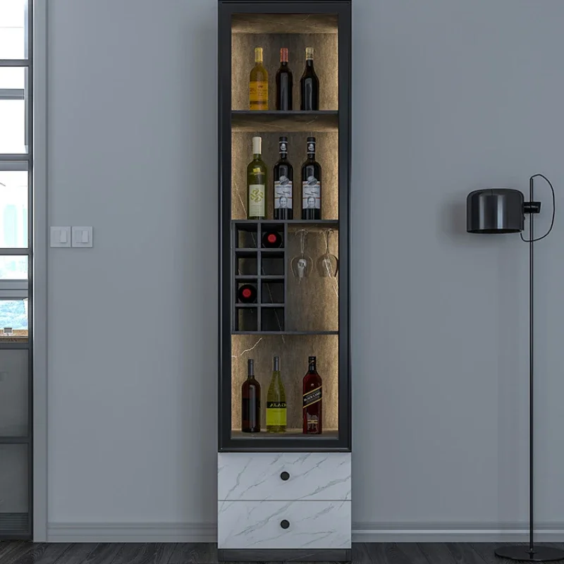 Glass wine cabinet against the wall, modern and simple living room, small wine cabinet, small apartment type integrated light