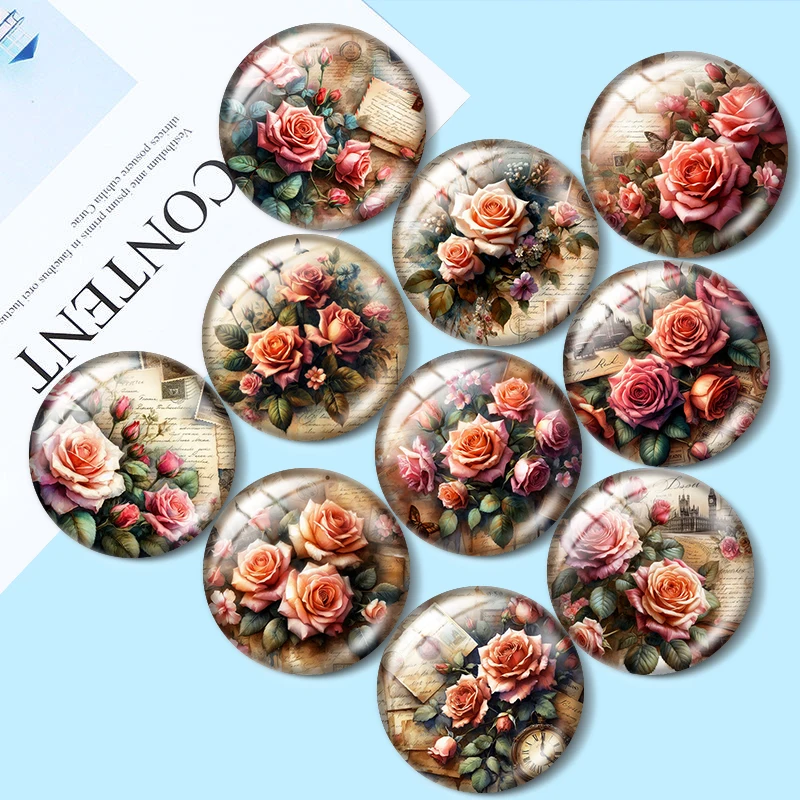 Retro Rose Butterfly 10szt 12mm/16mm/18mm/30mm Okrągły szklany kaboszon fotograficzny 25mm Demo Flat Back Making findings