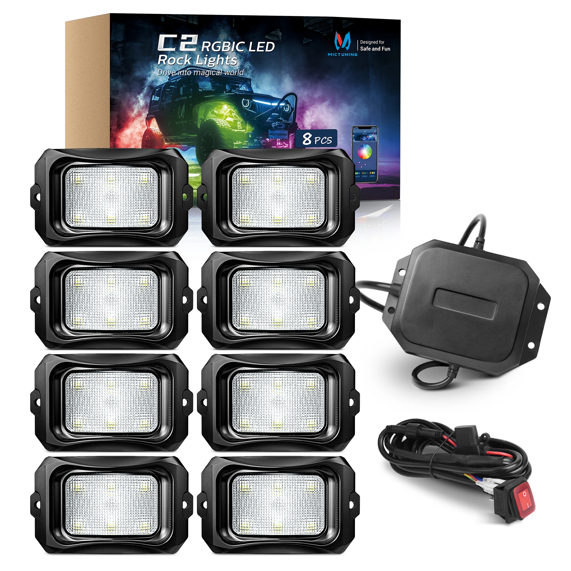 MICTUNING C2 Extensible RGB+IC LED Rock Lights Kit, 8/10 Pods Underglow Lighting Kit with Wireless Bluetooth APP Control