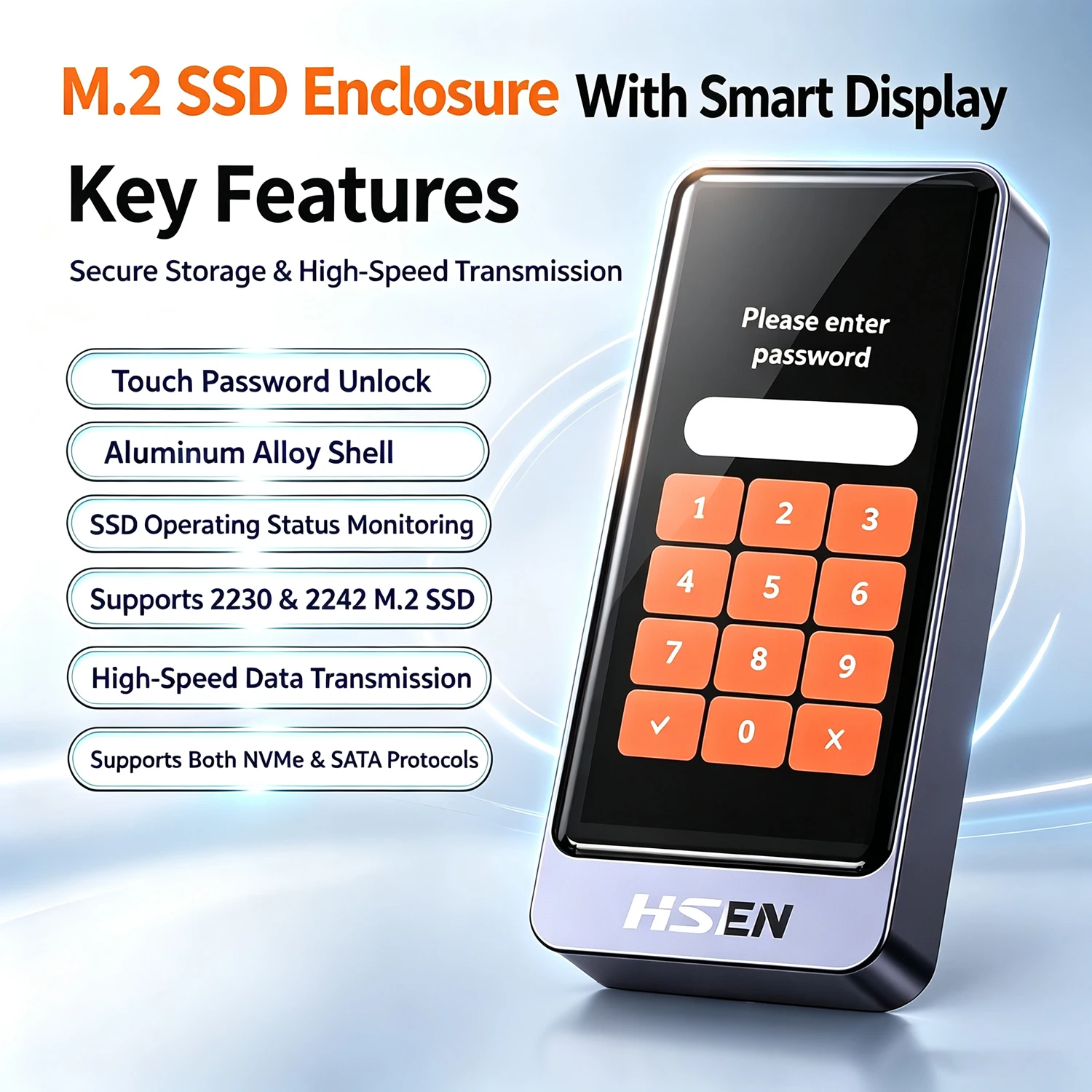 Password Lock M.2 SSD Enclosure with Smart Display Aluminum Portable External Hard Drive Case for 2230/2242 NVMe SATA M2 SSD