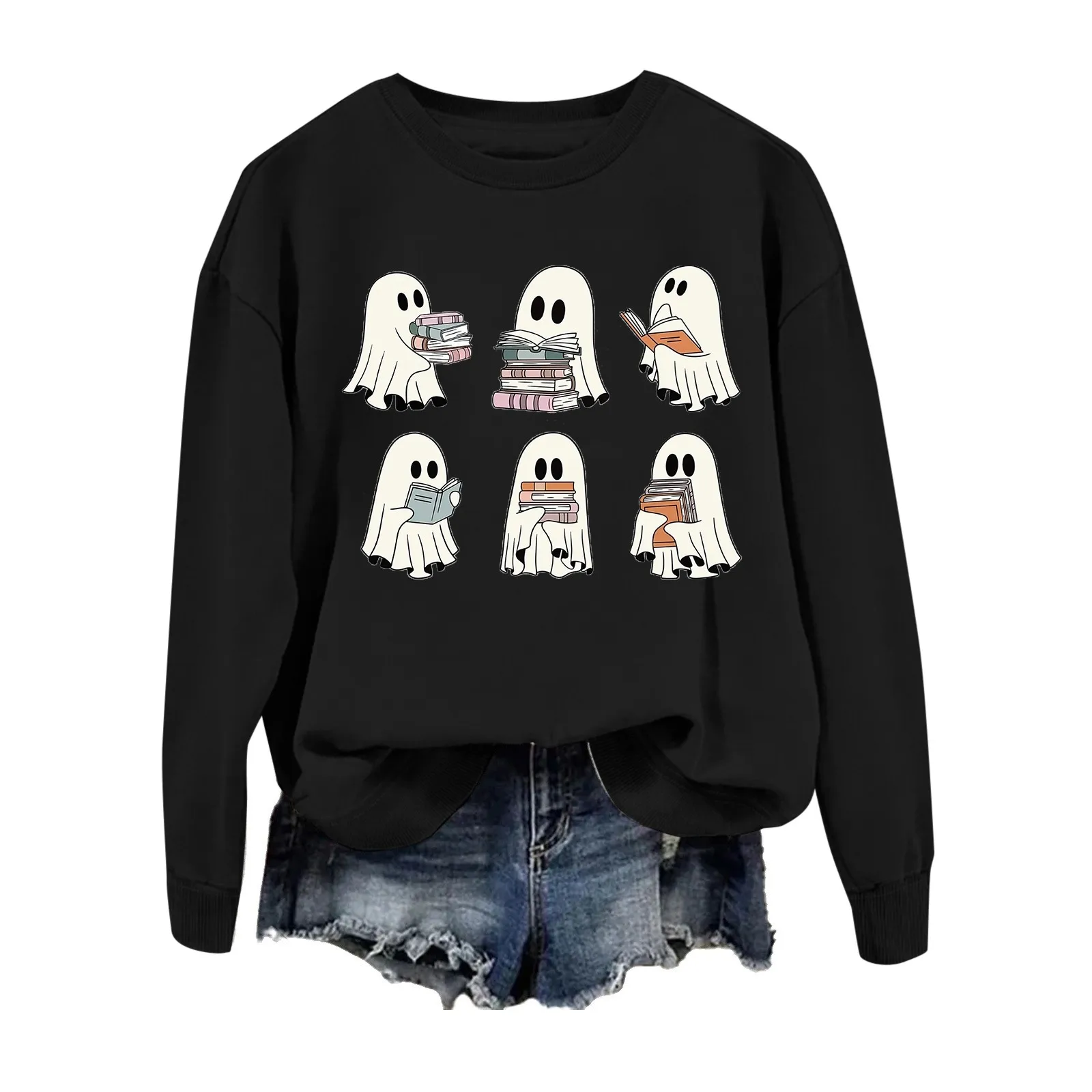 

Women Hoodie Reading Books Sweatshirt Halloween Specter Print Fleece Sweatshirts Casual Fall Pullover Tops Oversized Winter