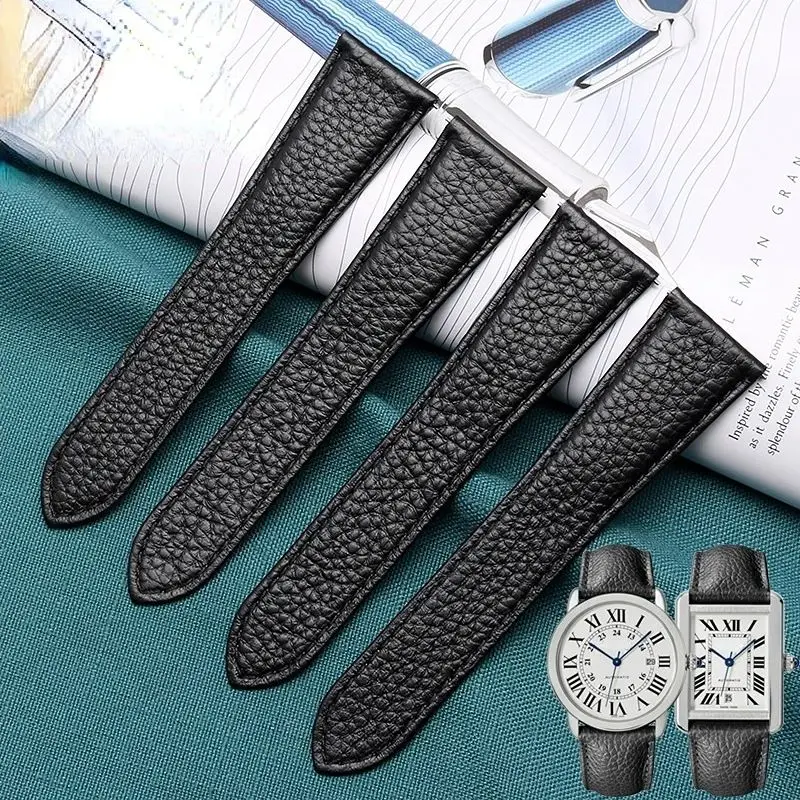 20/22/24/25mm Litchi cowhide Watchband for Cartier Tank London Solo WSTA0029 WSTA0030 Leather Men Women Fold Buckle Watchstrap