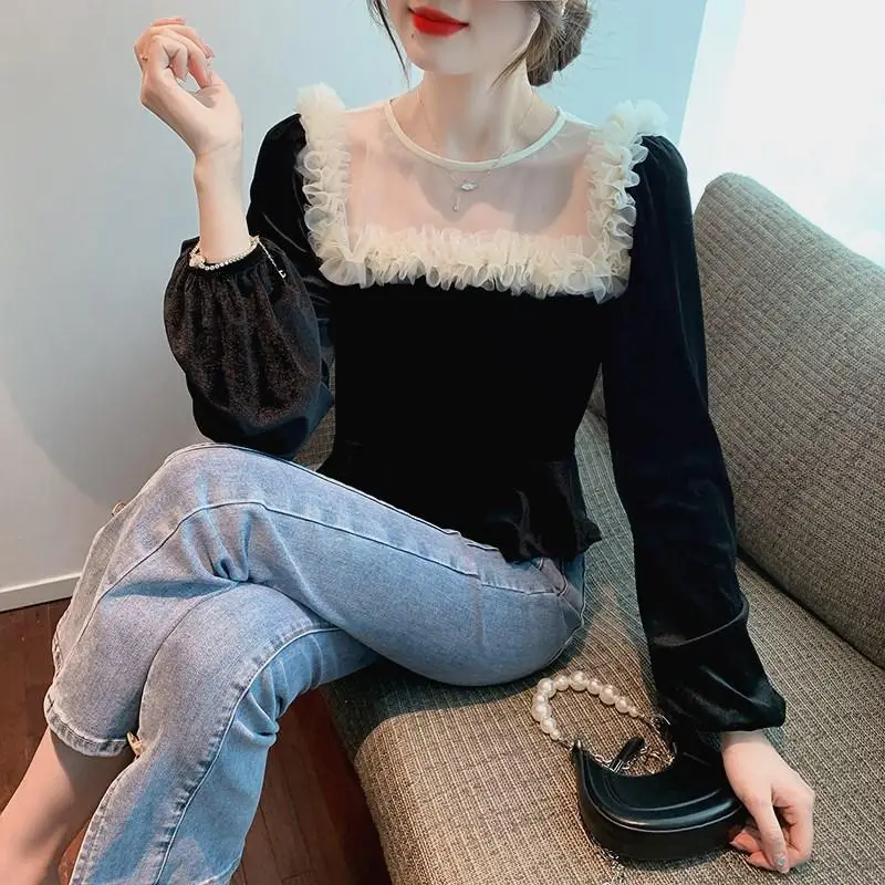 

Crop Shirts & Blouses For Women Youthful Clothes High Quality Korea Stylish Full Long Sleeve Clothing Sales Tall Mesh Woman Top
