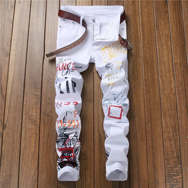 White Straight Leg Jeans Men Hip Hop Pants Fashion Letter Print Stretch Slim Fit Black Jeans Man Casual Mid Waist Denim Trousers