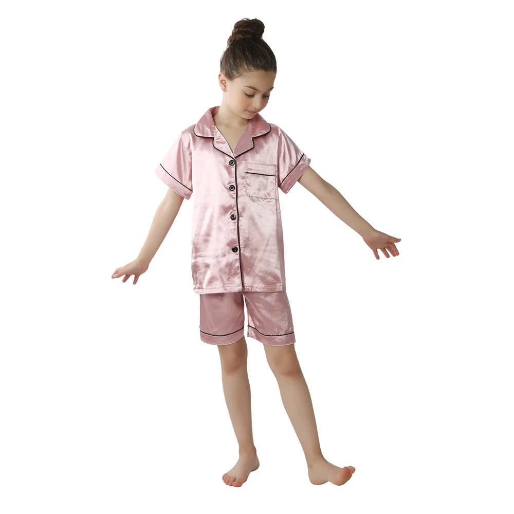 teenager home pajamas girls sleepwear kids silk satin party nightgown boys button-down pijama children solid color loungewear