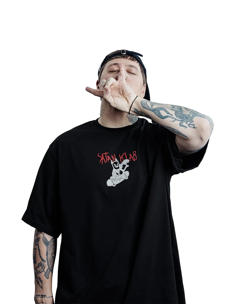 Men's T-Shirt SATAN KLAB Graphic Cotton Tops Oversized Harajuku Summer Tees Korean Fashion Short Sleeves Y2k Streetwear Clothing
