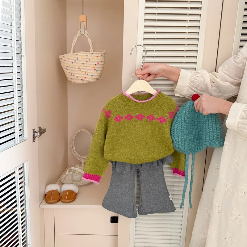 Autumn and Winter Children's Sweater New Baby Color Contrast Soft Glutinous Head Knitted Sweater Warm Top