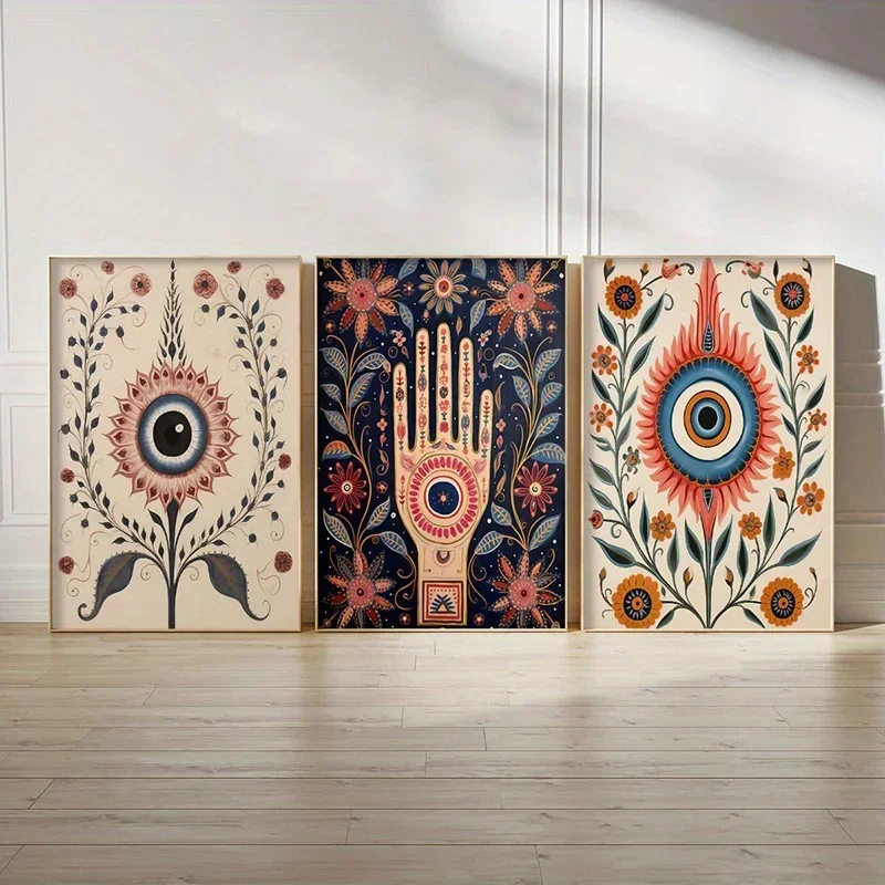3pcs frameless Canvas Painting (No frame)3pcs Set Vintage Evil Eye Canvas Wall Art, Nazar Protective Amulet Theme, Fashion Carto