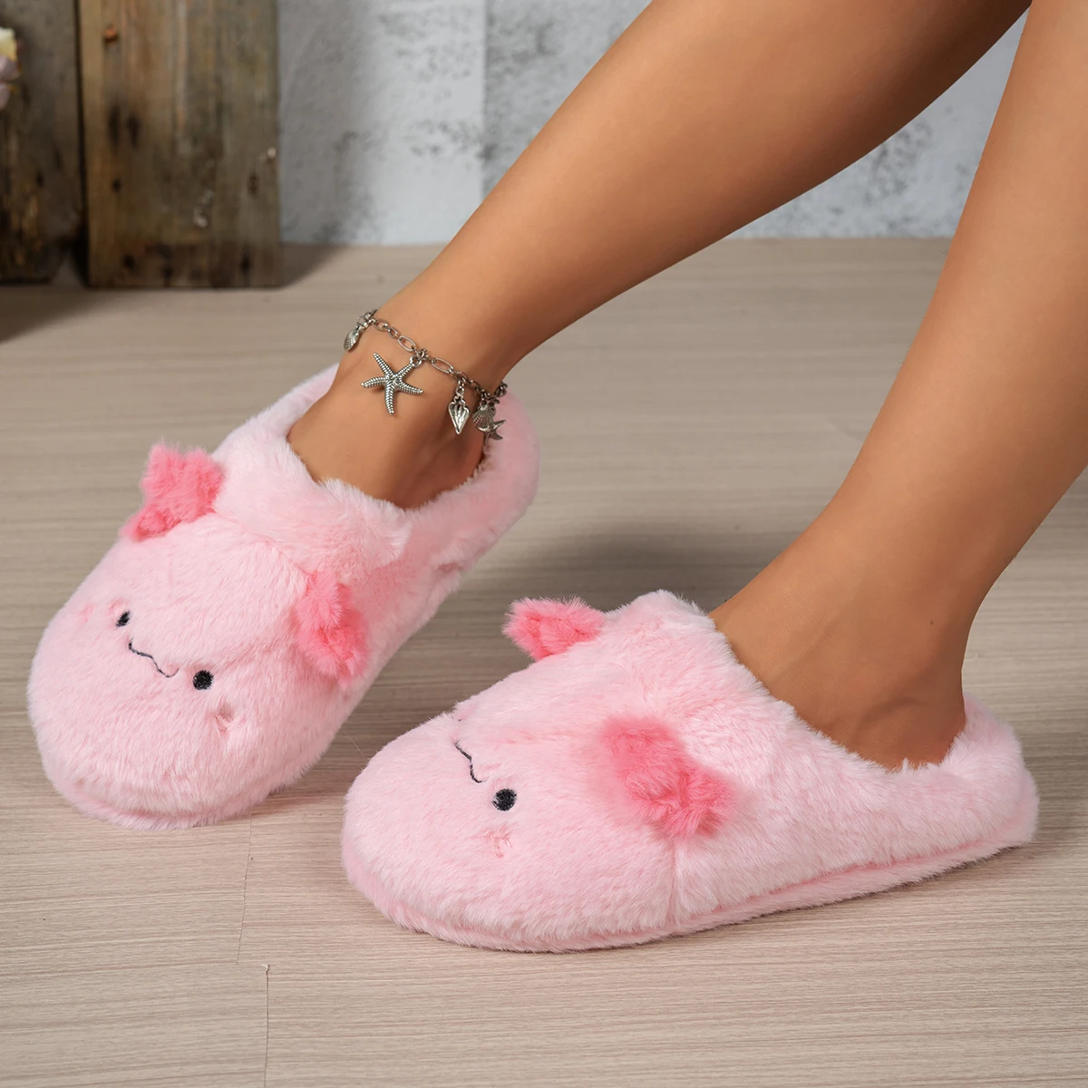 Fashion Women Slippers Cute Pink Axolotl Fluffy Cartoon Axolotl Plush Slipper Exquisite Winter Warm Bedroom Slip On Shoes