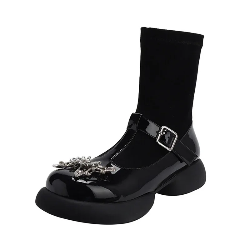 Black Sock Boots Metal Buckle Strap Women Shoes Fashion Crystal Butterfly Knot Modern Booties Ladies Slip On Luxury Design New