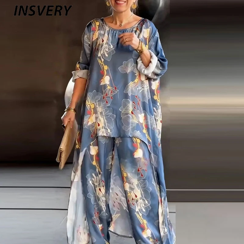 

Весенне-летний винтажный комплект для женщин: блузка с длинным рукавом и принтом, свободные брюки с высокой талией, повседневный стиль