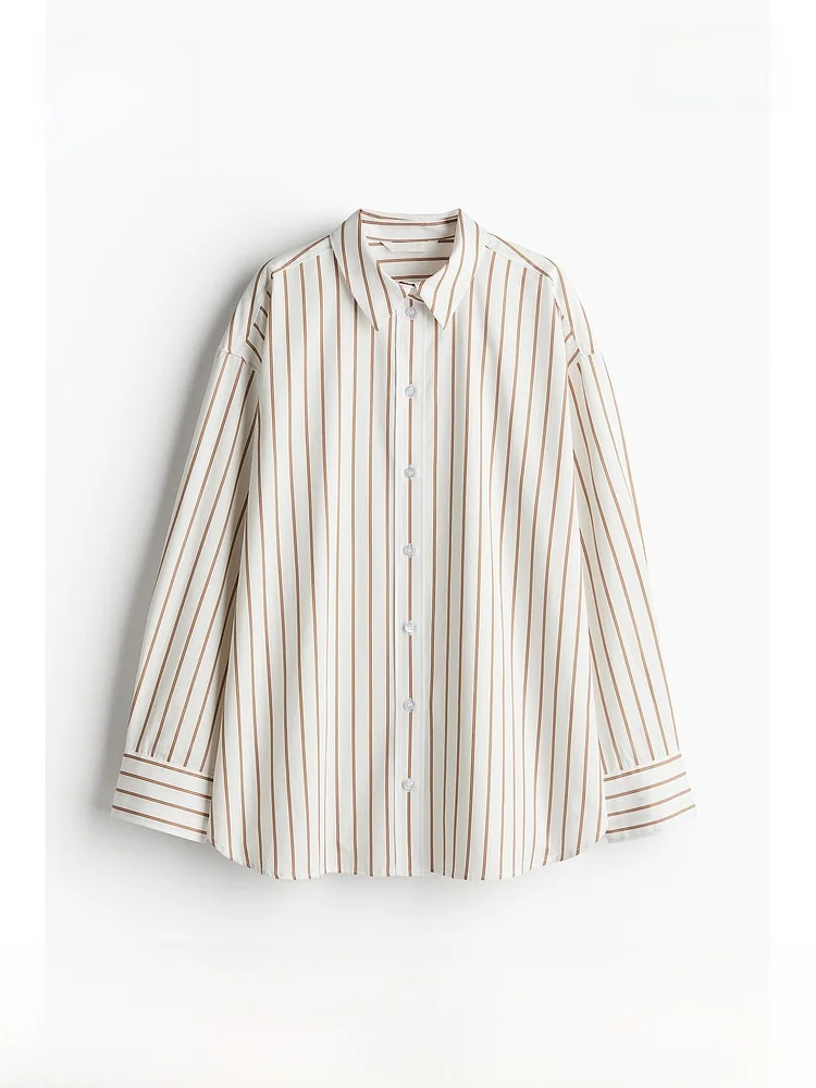 

H&M Women's Loose Fit Long Sve irt Comfortable Striped Button up Casual Faion Spring Clothing mid Length