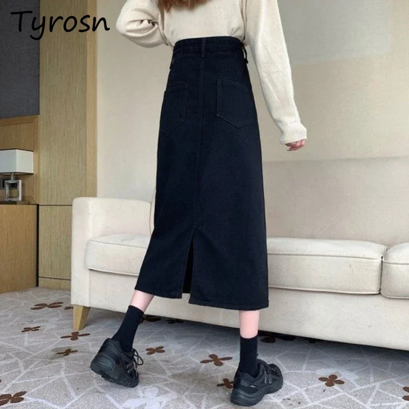 

Джинсовые юбки женские элегантные ампирные повседневные с разрезом нежные корейские стильные миди стильные универсальные летние милые базовые модные дизайны для девочек