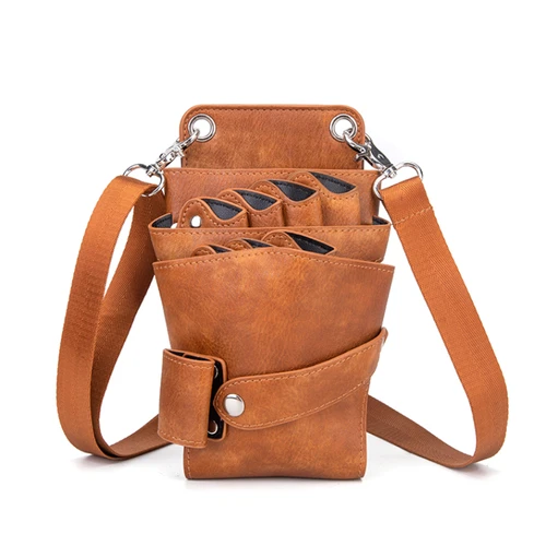 Imagen 1 del producto Bolsa de cuero PU para tijera de pelo, bolso cruzado con 7 bolsillos para peines de tijera, soporte para brochas de peluquería y barbería