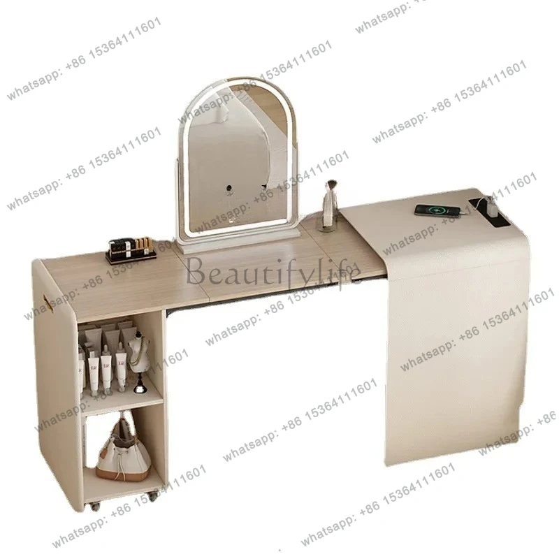 

Cream Style Bedroom Bedside Table Desk Integrated Retractable Folding Solid Wood Student Household