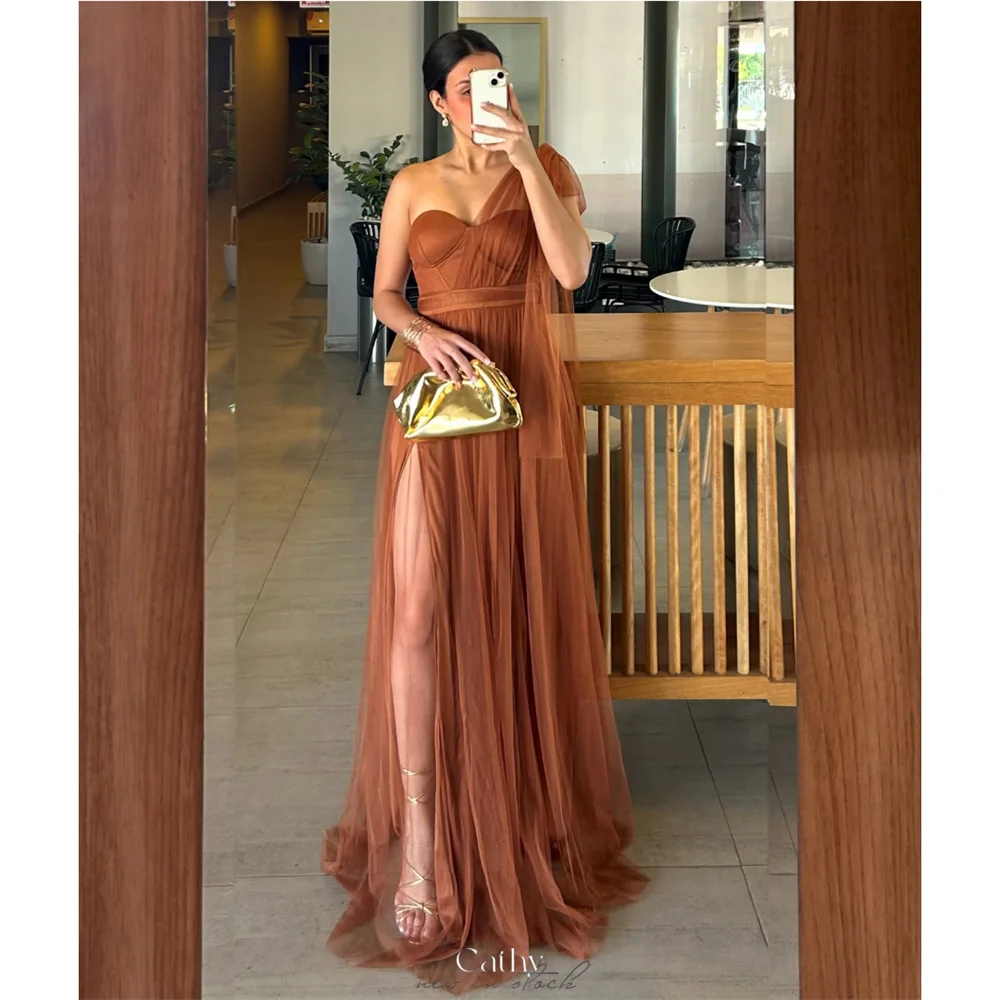 

Cathy One-Shoulder Side High Slit Prom Dress Draped A-line Tulle vestidos de noiva Customized Floor-length Zip Back Formal 2025