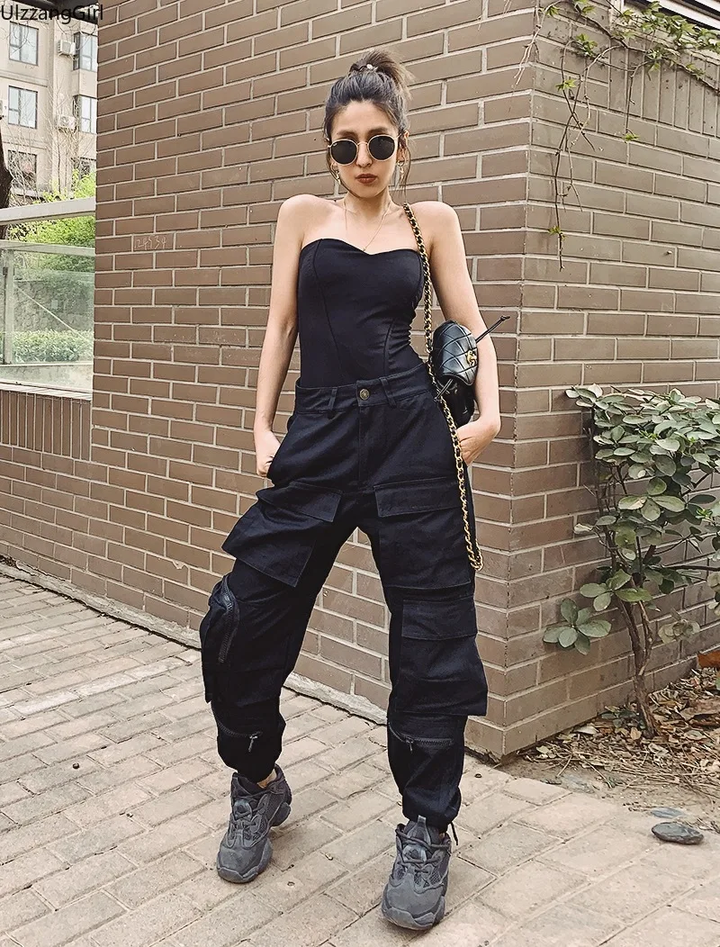 High Waist Side Multi Zip Pocket Cargo Jogger Pant Orange Black Harajuku Streetwear Women Fashion Tracksuit Trouser y2k techwear