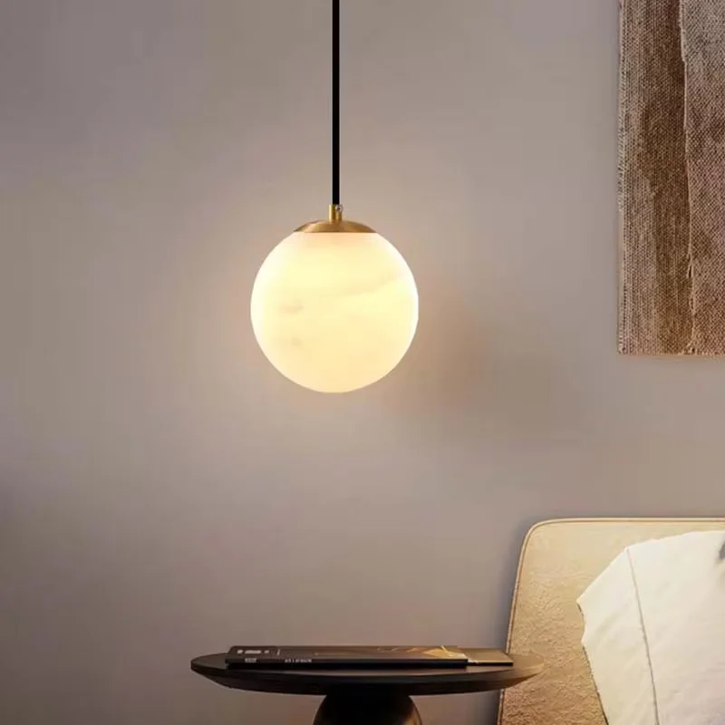 Marble ball dining pendant light all copper dia 10 12 15cm marble globe bedside lamp living room kitchen suspension luminaire