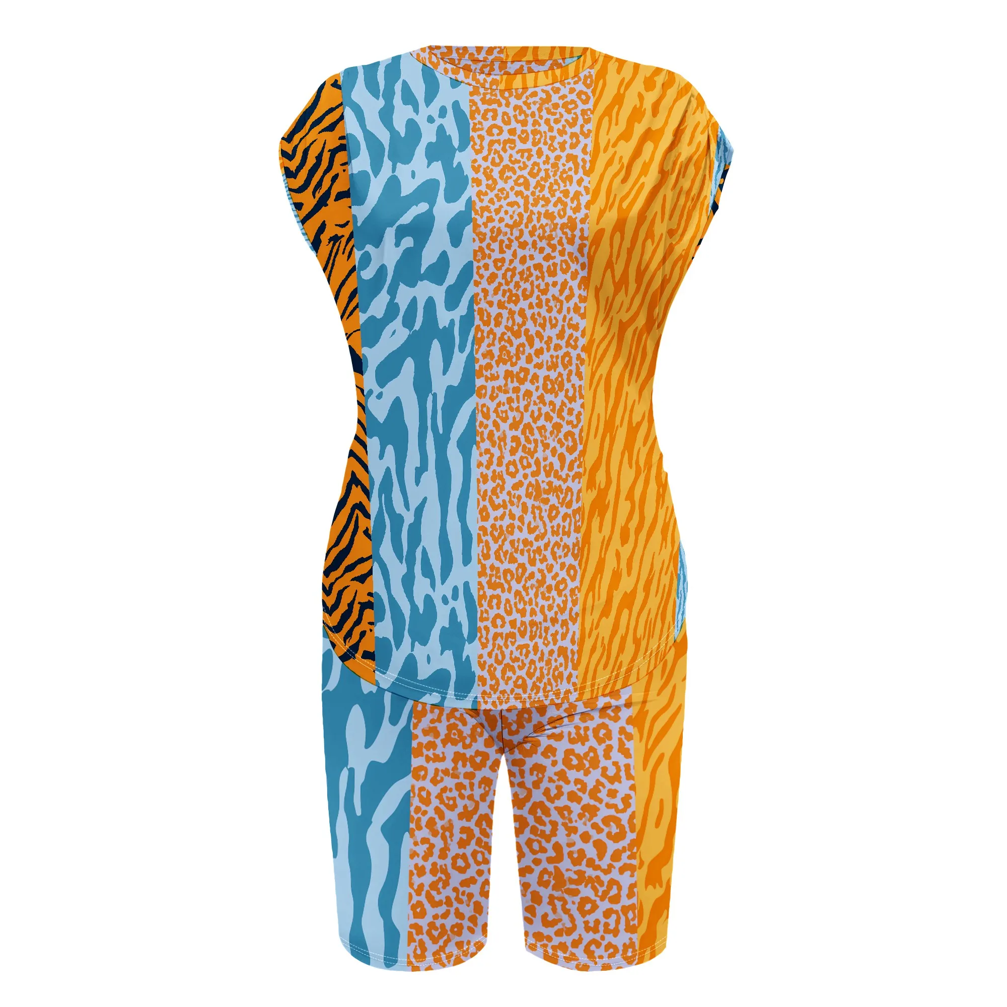 Animal Print Two Piece Set, Color Block Leopard Zebra Tee Shorts Outfit, Casual Summer Wear For Women, S-2XL