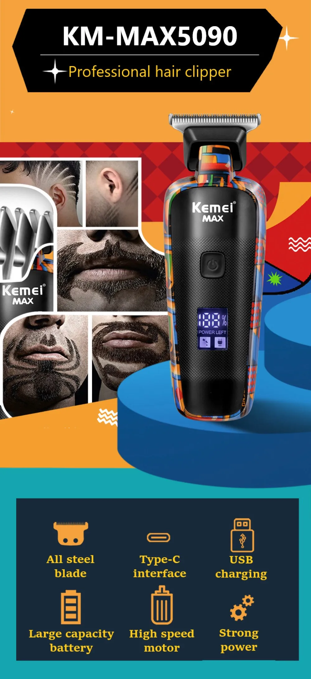Kemei KM-MAX5090 Elektrischer Haarschneider, multifunktionaler Heim-Haarschneider, Druck, Graffiti-Rasierer, USB, Herren-Elektrorasierer – Detail 1