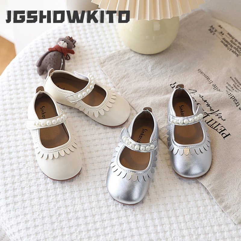 

JGSHOWKITO Little Girls Princess Shoes Pearls Beaded Kids Flats Sweet Soft 2026 Spring Autumn Non-slip Comfortable Casual Shoes