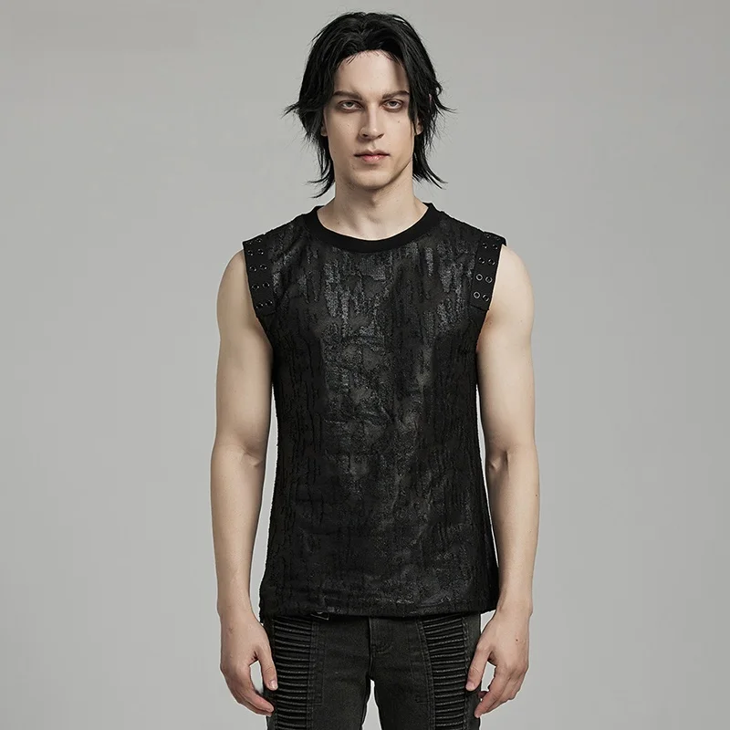 PUNKRAVE Men's Gothic Style Sleeveless Slim Fit T-Shirt Black Personality Print Rock Style Vest Top Fashionable Summer Wear