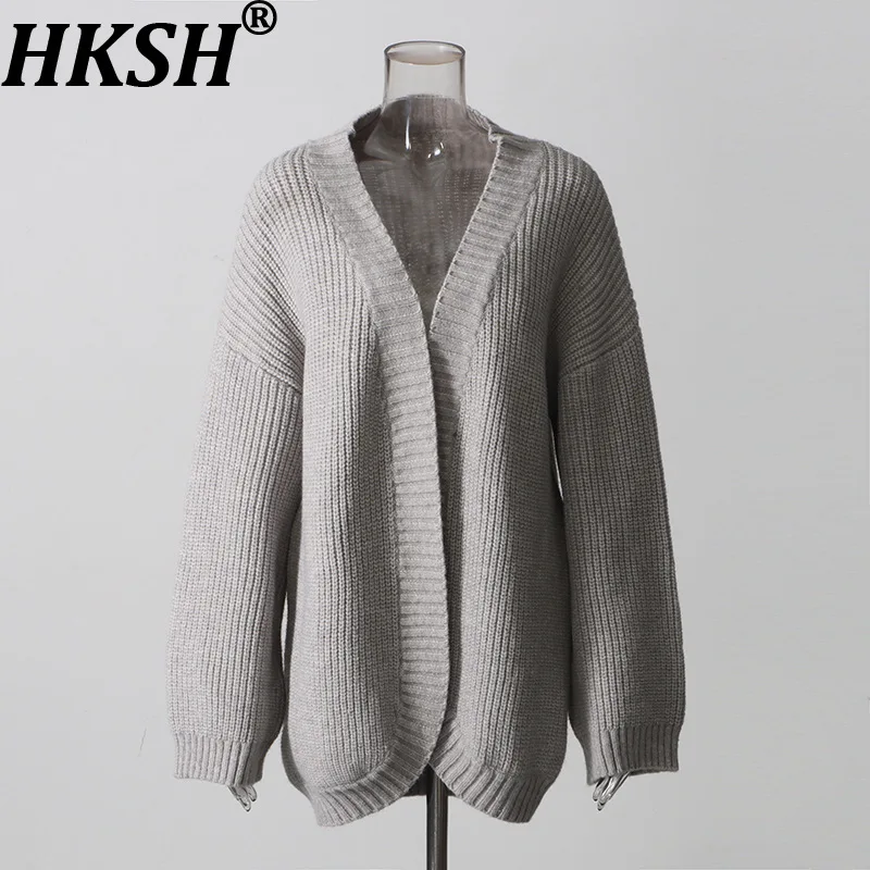 HKSH Women Knit Cardigan Trend Casual Design V-Neck Long Sleeves Simple Solid Color Loose Lazy Sweater Autumn Winter New HK28151