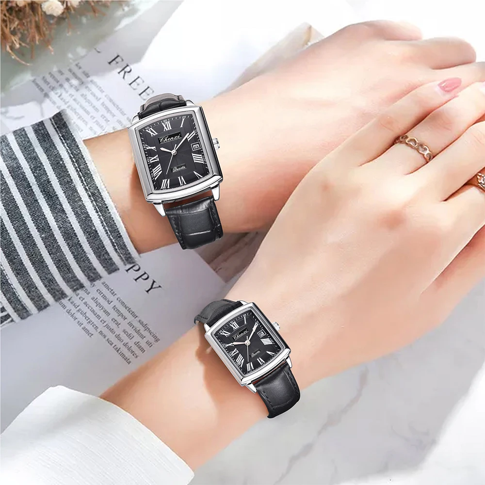 CHENXI Quartz Couple Watches Fashion Casual Rectangle Dial Alloy Man Woman Watch Luminous Calendar Couples Watch