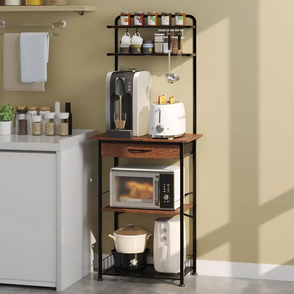 

Coffee Bar Station - Bakers Rack with Fabric Drawer, Microwave Oven Storage Stand, Bakers Rack for Coffee Stand Statio