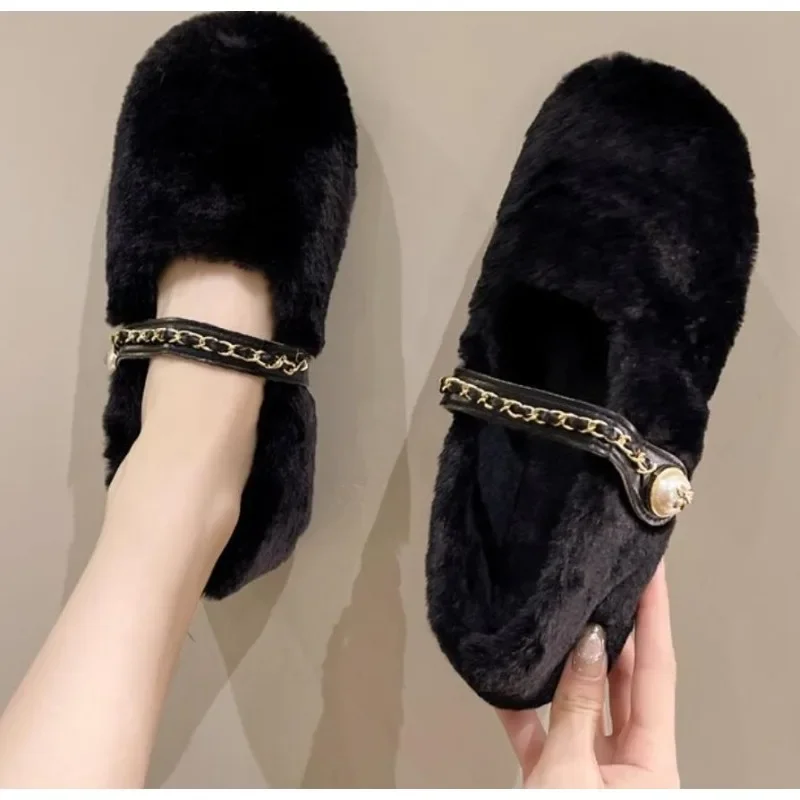 

Luxury Fur Flats Women Shoes New Fashion Mary Janes Shoes Women Warm Plush Loafers Women Fashion Cotton Shoes Femme