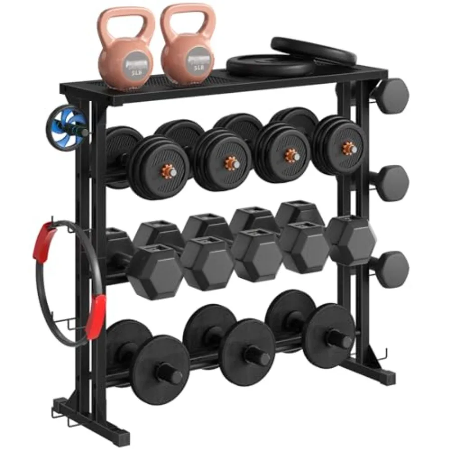 

4-Tier Dumbbell Rack Heavy-Duty Weight Stand with Non-Slip Floor Protection Side Hooks for Home and Professional Gym Use Black