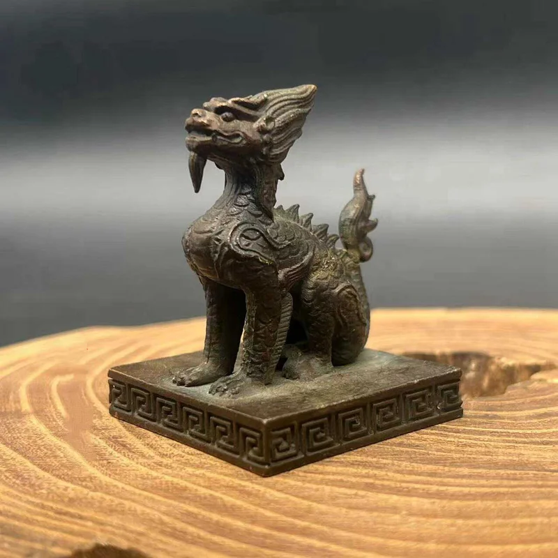 Solid Brass Divine Beast Seal Chinese Archaic Style Copper Stamp Ornament Chinese Feng Shui Wealth Protection Desktop Figurine