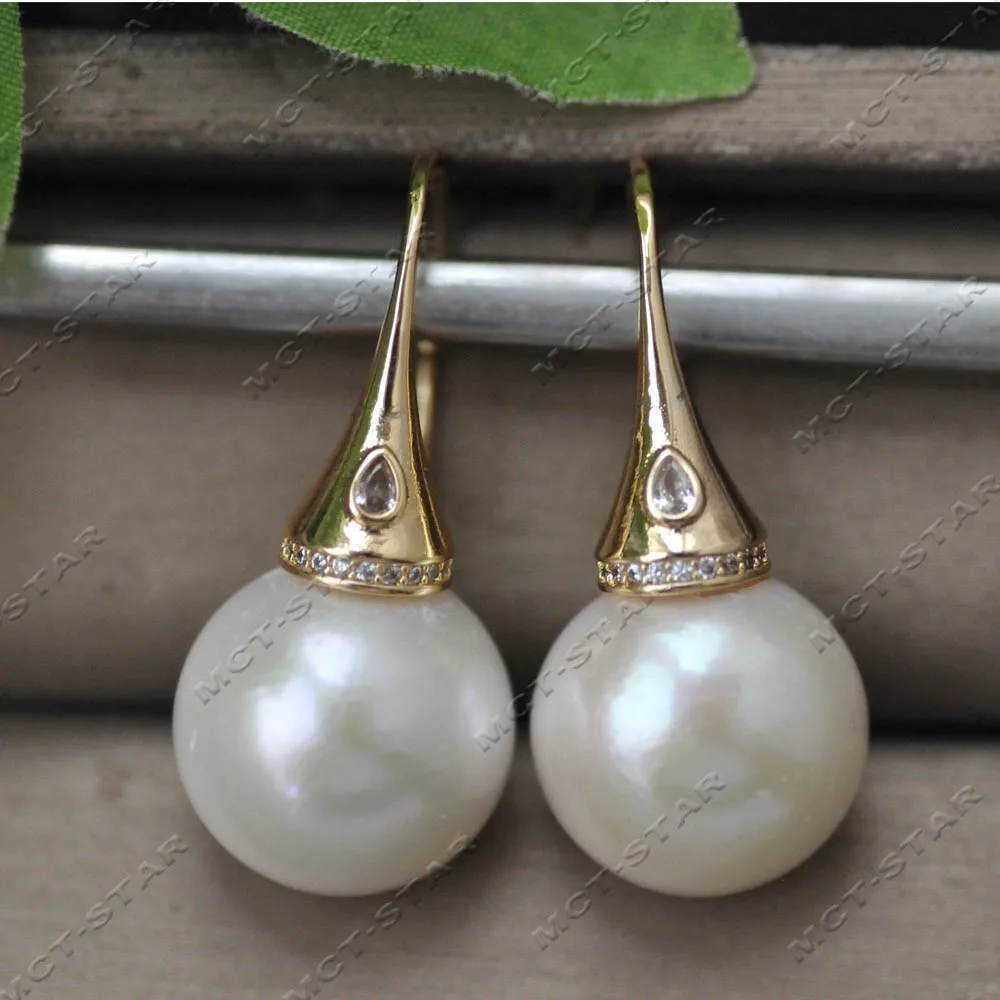 Z14713 16mm Tapered Cone CZ Accent Almost Round White Edison Pearl Dangle Earrings For Women