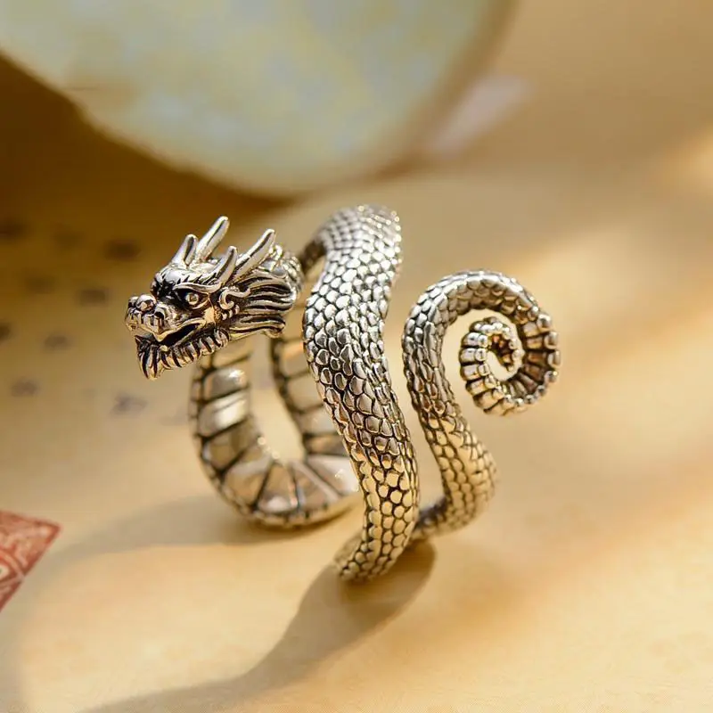 

Classic silver 925 Chinese style domineering dragon head mens rings glossy retro style handsome High quality ring jewelry