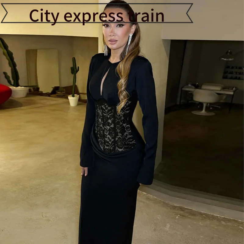 

Сексуальное кружевное платье-футляр с бретелями, однотонное, осенне-зимнее, с круглым вырезом, высокой талией, из полиэфирного волокна, с вырезами