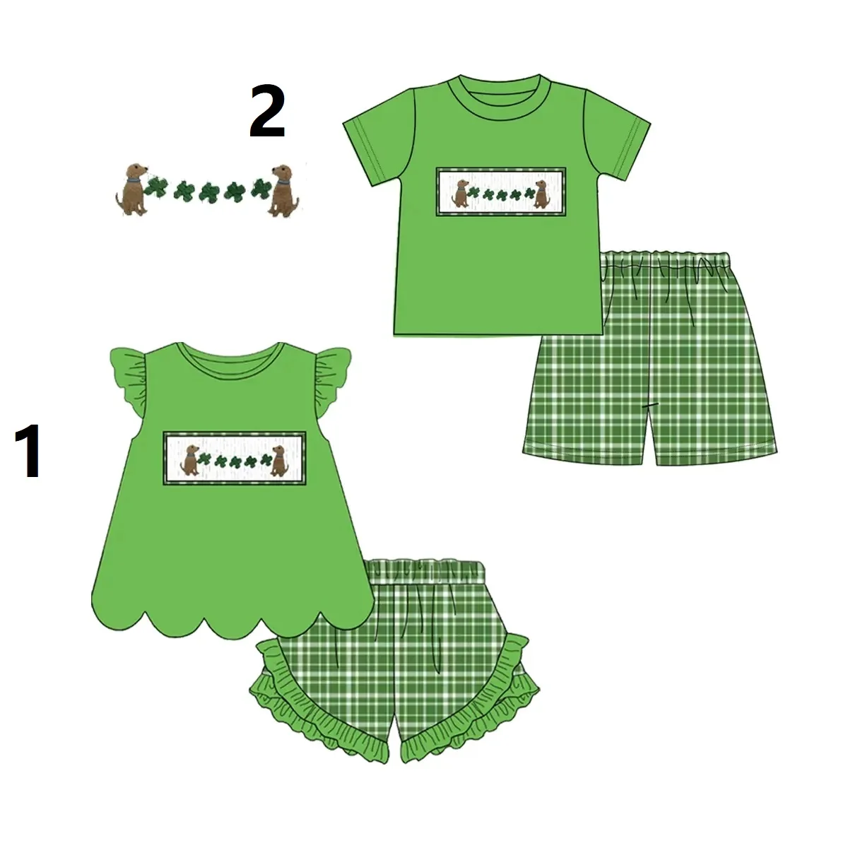 St. Parker Collection Green plaid cute dog print Boys girls short sleeve set siblings milk silk wholesale