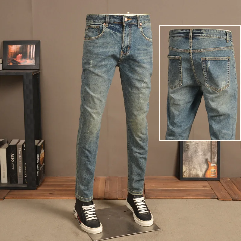 Vintage Jeans Men's Fashion Street Slim Fit Skinny Elastic Trend Nostalgic High-End All-Match Casual Men's Trousers