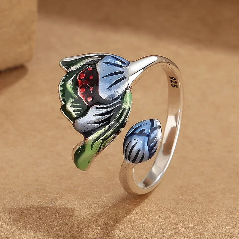 Vintage Colored Enamel Lotus Flower Ring Female Jewelry Personalized Lady Silver 925 Finger Ring Adjustable Handicrafts