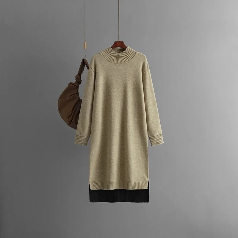 Turtleneck Knit Sweater Bottom Dress Autumn Knitted Long Dress Winter New Loose Slimming Solid Color Sweater Dress for Women